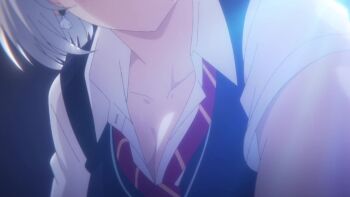 1boy 1girl animated anime_screenshot assertive_female bed blue_eyes blue_vest blush braid breasts brown_hair cleavage closed_eyes collarbone earrings girl_on_top highres jewelry kiss lips necktie on_bed ooboshi_akiteru partially_unbuttoned pleated_skirt red_necktie red_skirt school_uniform shirt short_hair skirt sound tagme tomodachi_no_imouto_ga_ore_ni_dake_uzai tsukinomori_mashiro vest video white_hair white_shirt