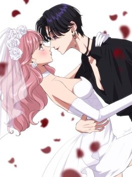 2girls aoi-kun_ga_ikemen_sugite_tsurai aoi_(aoi-kun_ga_ikemen_sugite_tsurai) black_choker black_shirt breasts bridal_veil choker cleavage commentary dress earrings elbow_gloves english_commentary eye_contact falling_petals flower gloves hair_flower hair_ornament hand_on_another&#039;s_waist jewelry long_hair looking_at_another medium_breasts miri_(aoi-kun_ga_ikemen_sugite_tsurai) multiple_girls petals pink_hair purple_hair red_lips rose shirt short_hair simple_background smile veil wedding_dress white_background white_choker white_dress white_flower white_gloves white_rose wife_and_wife yanqi_momota yuri