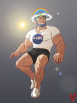 Rule 34 | 1boy, :d, aqua hair, bara, beard, black shorts, body hair, borrowed character, covered erect nipples, earth-chan, earth-ojisan, facial hair, floating, full body, genderswap, genderswap (ftm), goatee, gradient hair, green hair, grin, hairy, halo, large pectorals, leg hair, leomon32, logo, looking at viewer, male focus, mature male, moon, multicolored hair, muscular, muscular legs, muscular male, nasa logo, old, old man, open mouth, original, parody, pectorals, rainbow, shirt, short hair, shorts, sideburns, smile, solo, sun, thighs, white shirt