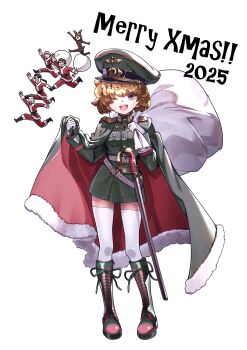 1girl 2girls 4boys absurdres belt blonde_hair boots cape character_request collar_tabs commentary_request cross fluffy_hair full_body fur-trimmed_cape fur_trim gloves green_jacket hat highres holding iron_cross jacket looking_at_viewer military military_hat military_jacket military_uniform multiple_boys multiple_girls nervous_sweating official_art one_eye_closed peaked_cap purple_eyes sheath sheathed short_hair shoulder_boards solo sweat sword tanya_degurechaff tanya_degurechaff_(manga) thighhighs toujou_chika viktoriya_ivanovna_serebryakov weapon white_belt white_gloves white_thighhighs youjo_senki zettai_ryouiki