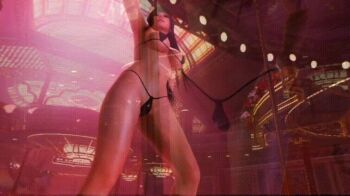 1girl 3d animated animated_gif bikini black_bikini black_hair breasts dancing dead_or_alive dead_or_alive_xtreme_3 female_focus indoors large_breasts long_hair micro_bikini navel nyotengu pole solo stripper_pole swimsuit thong