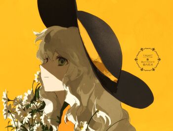 1girl bouquet closed_mouth commentary flower green_eyes hair_between_eyes hat highres holding holding_bouquet komeiji_koishi looking_to_the_side medium_hair smile solo touhou twitter_username uninosono watermark white_hair yellow_background
