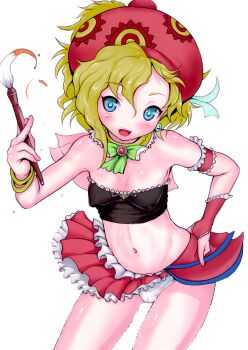 1girl absurdres beret blonde_hair blue_eyes breasts brush cameltoe covered_erect_nipples dot_nose esora_koto female_focus final_fantasy final_fantasy_vi hat highres loli looking_at_viewer miniskirt navel open_mouth panties relm_arrowny short_hair simple_background skirt small_breasts solo square_enix underwear white_background