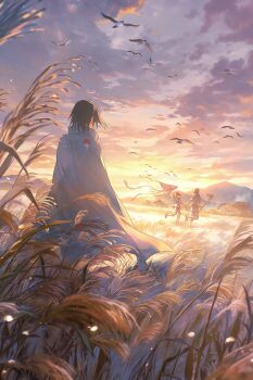 Rule 34 | 3boys, age progression, bird, black bird, black coat, black hair, brothers, butterfly net, cloud, cloudy sky, coat, commentary request, hand net, highres, holding, holding butterfly net, house, male focus, mikzer, multiple boys, naruto (series), naruto shippuuden, outdoors, running, short hair, siblings, sky, standing, sun, sunset, uchiha itachi, uchiha sasuke, uchiha symbol, wheat field, yellow sky