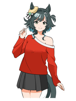 1girl animal_ears black_skirt bow braid closed_mouth collarbone dao_ne-ii39ra42k-3-7 ears_through_headwear green_eyes green_hair hair_between_eyes hat highres holding horse_ears horse_girl horse_tail kiseki_(umamusume) long_sleeves looking_at_viewer medium_hair red_sweater simple_background single_braid skirt smile solo sweater tail umamusume white_background yellow_beret