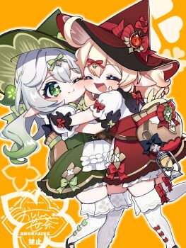 2girls ;t absurdres ahoge black_gloves blonde_hair blush bow closed_eyes closed_mouth commentary_request cosplay cross-shaped_pupils genshin_impact gloves gradient_hair green_bow green_eyes green_hair green_ribbon green_skirt hair_between_eyes hair_ornament hat hat_bow highres hug klee_(blossoming_starlight)_(genshin_impact) klee_(genshin_impact) klee_(genshin_impact)_(cosplay) leaf_hair_ornament multicolored_hair multiple_girls nahida_(genshin_impact) official_alternate_costume oishii_sasa one_eye_closed open_mouth orange_background pointy_ears pyro_symbol_(genshin_impact) red_bow red_hat red_skirt ribbon shirt skirt symbol-shaped_pupils thighhighs vision_(genshin_impact) watermark white_hair white_shirt white_thighhighs witch_hat
