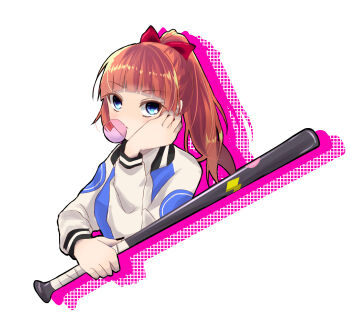 arc_system_works baseball_bat blue_eyes bomber_jacket chewing_gum character_profile hair_ribbon hand_on_own_face highres holding_bat jacket kunio-kun_series kyoko_(kunio-kun) long_hair looking_at_viewer nail_polish nekketsu_kouha_kunio-kun ogao orange_hair ponytail red_eyes ribbon river_city_girls simple_background white_background