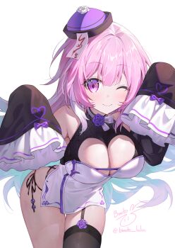 1girl alternate_costume bare_shoulders binato_lulu black_garter_straps black_thighhighs breasts cleavage closed_mouth cyrene_(honkai:_star_rail) detached_sleeves garter_straps hands_up hat highres honkai:_star_rail honkai_(series) jiangshi_costume large_breasts leaning_forward long_sleeves looking_at_viewer one_eye_closed pink_eyes pink_hair simple_background single_garter_strap single_thighhigh smile solo standing symbol-shaped_pupils thighhighs white_background