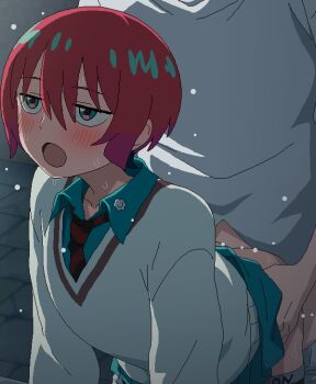 1boy 1girl amate_yuzuriha aqua_shirt blue_eyes blush clothed_sex gundam gundam_gquuuuuux hair_between_eyes implied_penetration open_mouth red_hair school_uniform sex sex_from_behind shirt short_hair sweater_vest tomu_(tomubobu) white_sweater_vest