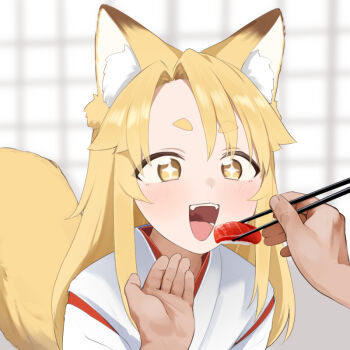 +_+ 1boy 1girl :d animal_ear_fluff animal_ears ariyoshi_gen blonde_hair blurry blurry_background blush brown_eyes chopsticks commentary_request depth_of_field fangs feeding fish_(food) food fox_ears fox_girl fox_tail holding holding_chopsticks japanese_clothes kimono long_hair nigirizushi open_mouth original out_of_frame parted_bangs short_eyebrows smile sushi tail teeth thick_eyebrows upper_teeth_only white_kimono