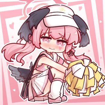1girl 3: alternate_costume armband bag bare_shoulders black_wings blue_archive blush cheerleader chibi closed_mouth crop_top facial_mark feathered_wings full_body halo hat head_wings heart holding holding_pom_poms kneehighs knees_up koharu_(blue_archive) long_hair looking_at_viewer loose_socks low_twintails low_wings nose_blush nuansede_kekeya outline photo-referenced pink_background pink_eyes pink_hair pink_halo pink_shirt pink_skirt pleated_skirt pom_pom_(cheerleading) pom_poms sailor_collar shirt shoes shoulder_bag skirt sleeveless sleeveless_shirt socks solo squatting twintails wavy_mouth white_outline white_sailor_collar white_skirt white_socks wings