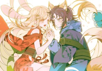 2girls animal_ears blonde_hair blue_hoodie blue_nails blush cho_kaguya-hime! fox_ears fox_tail green_eyes hashtag-only_commentary holding_hands hood hoodie japanese_clothes kaguya_(cho_kaguya-hime!) kimono long_hair looking_at_another maha_0712 multiple_girls open_mouth orange_eyes orange_nails rabbit_ears rabbit_tail red_kimono sakayori_iroha short_hair smile tail white_background yuri