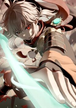 1boy ahoge armor autumn_leaves closed_mouth crossed_bangs genshin_impact hair_between_eyes holding holding_sword holding_weapon japanese_armor japanese_clothes kaedehara_kazuha leaf long_sleeves looking_at_viewer male_focus multicolored_hair orange_eyes pom_pom_(clothes) ponytail red_hair red_scarf scarf shorts shoulder_armor sode solo streaked_hair sword user_cdug5424 vision_(genshin_impact) weapon white_hair wide_sleeves