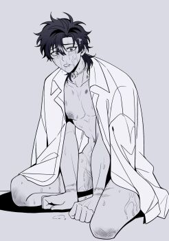 1boy bite_mark black_hair blush bottomless bruise cheng_xiaoshi collared_shirt convenient_censoring crying crying_with_eyes_open cum cum_on_body cum_on_hair dsarl995595 facial full_body grey_background greyscale hickey highres implied_yaoi injury kneeling liquid looking_at_viewer male_focus monochrome naked_shirt nipples open_clothes open_mouth open_shirt parted_lips pectorals ponytail shiguang_dailiren shirt short_hair short_ponytail simple_background solo sweat tears wet white_shirt yaoi