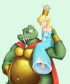 Rule 34 | 1girl, blonde hair, blue dress, cape, carrying over shoulder, closed eyes, donkey kong (series), donkey kong country, dress, earrings, fatmanass, green background, hair over one eye, hand on own hip, headwear switch, highres, jewelry, king k. rool, mario (series), nintendo, red cape, red eyes, rosalina, smile, star (symbol), star earrings, super mario galaxy, super smash bros.