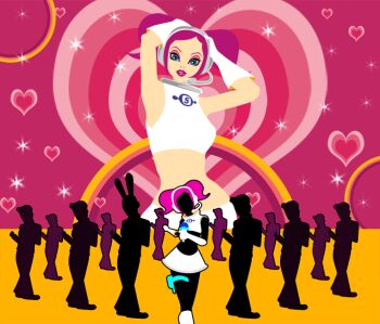 1girl 6+boys animal_ears arch blue_eyes body_control breasts circle commentary crop_top d_(pixiv544157) dancing eyelashes eyeshadow feel_the_magic gloves hands_on_own_head headset heart holding holding_microphone imitating letter_print lips lipstick looking_at_viewer makeup medium_hair microphone midriff multiple_boys navel pink_eyebrows pink_eyeshadow pink_hair pose_imitation rabbit_ears sega silhouette space_channel_5 sparkle strap thigh_strap twintails ulala white_gloves