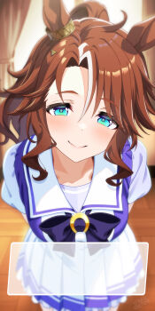 1girl absurdres animal_ears aqua_eyes arms_behind_back blush brown_hair closed_mouth collarbone commentary_request cowboy_shot curly_sidelocks curtained_hair curtains dialogue_box highres horse_ears horse_girl horse_tail indoors inukai_nagisa leaning_forward looking_at_viewer mejiro_palmer_(umamusume) miniskirt multicolored_hair parted_bangs pleated_skirt puffy_short_sleeves puffy_sleeves purple_shirt school_uniform shirt short_sleeves side_part sidelocks skirt smile solo split_mouth streaked_hair tail tracen_school_uniform umamusume white_hair white_skirt