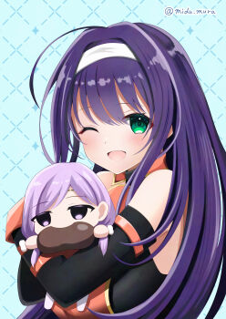 2girls ;d absurdres bare_shoulders boned_meat chibi eating fire_emblem fire_emblem:_path_of_radiance food green_eyes hairband highres holding holding_mini_person ilyana_(fire_emblem) long_hair looking_at_viewer meat mia_(fire_emblem) mini_person mizumura_(midu_mura) multiple_girls nintendo one_eye_closed open_mouth purple_hair smile white_hairband