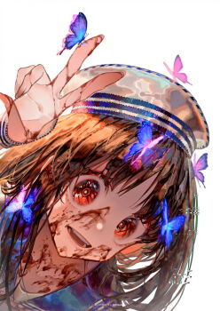 1girl blood blood_on_chest blood_on_face blood_on_hands brown_hair bug butterfly collarbone diyokama dutch_text glitch hat highres insect looking_at_viewer md5_mismatch open_mouth original portrait red_eyes resolution_mismatch sailor_collar sailor_hat school_uniform smile source_smaller teeth v