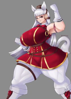 1girl absurdres animal_ears armpits bare_shoulders blunt_bangs breasts cowboy_shot dress gloves gold_ship_(umamusume) grey_background grin headgear highres horse_ears horse_tail huge_breasts long_hair muscular muscular_female omegabean pantyhose purple_eyes red_dress simple_background sleeveless smile solo standing tail theomegagod thick_thighs thighs umamusume white_gloves white_hair white_pantyhose