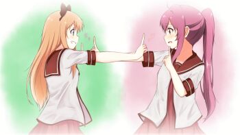 2girls ahoge blonde_hair bloom blue_eyes blush bow brown_bow brown_sailor_collar clip_studio_paint_(medium) commentary_request dancing dress embarrassed from_side furrowed_brow grin hair_bow hair_ornament heart highres index_fingers_raised koi_dance layered_sleeves long_hair long_sleeves looking_at_another multiple_girls nanamori_school_uniform open_mouth outstretched_arm pleated_dress pointing ponytail purple_eyes purple_hair red_dress sailor_collar sailor_shirt school_uniform shirt short_dress short_over_long_sleeves short_sleeves smile star_(symbol) sugiura_ayano taka-chan teeth toshinou_kyouko upper_body v-shaped_eyebrows white_shirt yuruyuri