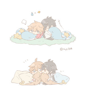 Rule 34 | 004s 4, 2boys, blush, chibi, couple, genshin impact, image sample, kiss, multiple boys, pillow, pixiv, pixiv sample, stuffed animal, stuffed toy, tartaglia (genshin impact), white background, yaoi, zhongli (genshin impact)