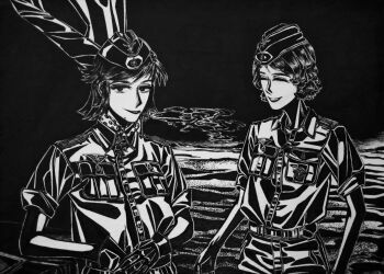 2girls absurdres black_gloves bordfunker133 breast_pocket cigarette closed_eyes commentary cross desert english_commentary genderswap genderswap_(mtf) gloves greyscale grin hans-joachim_marseille highres iron_cross luftwaffe marseille-chan_(bordfunker133) medium_hair military_uniform monochrome multiple_girls nazi original photo_(medium) pocket poettgen-chan_(bordfunker133) rainer_poettgen real_life reichsadler short_hair short_sleeves shoulder_boards smile smoke smoking swastika upper_body world_war_ii