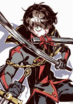 absurdres brown_hair chain code_geass code_geass:_genesic_re;code green_eyes highres holding holding_sword holding_weapon katana kobayashiyouyouko kururugi_suzaku simple_background sword weapon white_background