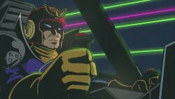 1boy animated armor blue_coat captain_falcon closed_mouth coat cockpit controller driving f-zero gloves helmet high_collar joystick jrcomicart mask neon_lights nintendo pauldrons red_headwear scarf science_fiction shoulder_armor single_pauldron sitting solo tagme tunnel unfinished video white_eyes yellow_gloves yellow_scarf
