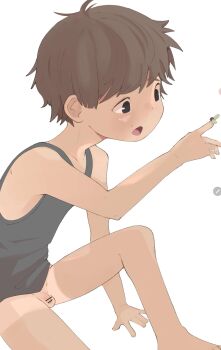 1boy absurdres bar_censor bottomless brown_hair censored highres male_focus open_mouth original penis shirt short_hair shota sitting sleeveless sleeveless_shirt solo tank_top toasteroli white_background