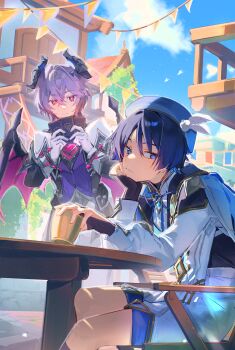 2boys absurdres alternate_costume aqua_gem beret black_bridal_gauntlets black_coat black_hair black_horns black_shirt black_sleeves blue_cape blue_eyes blue_gem blue_hat blue_sky blunt_ends bridal_gauntlets bright_pupils building bunting cape card chair chest_jewel closed_mouth cloud cloudy_sky coat crossed_bangs cup curtained_hair diamond-shaped_pupils diamond_(shape) dragon_boy dragon_horns dragon_wings durin_(genshin_impact) elbow_rest eyeliner eyeshadow facial_mark feathers forehead_mark gem genius_invokation_tcg genshin_impact gloves gold gold_cup gold_trim hair_between_eyes hand_on_own_chin hands_up hat hat_feather heart-shaped_gem highres holding holding_card holding_cup horns long_sleeves looking_at_another looking_to_the_side lyrie_luna makeup mondstadt_city multiple_boys open_clothes open_coat outdoors pants plant pom_pom_(clothes) purple_hair purple_vest purple_wings red_eyeliner red_eyes red_eyeshadow red_gemstone scaramouche_(genshin_impact) shirt shorts sitting sky spiked_wings split_mouth standing symbol-shaped_pupils table tsurime undershirt vest vision_(genshin_impact) wanderer_(genshin_impact) white_feathers white_gloves white_pants white_pupils white_shorts white_sleeves wings wispy_bangs wooden_chair wooden_table