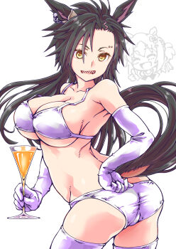 2girls air_shakur_(umamusume) alternate_breast_size_(larger) animal_ear_piercing animal_ears armpits ass bare_shoulders black_hair breasts cleavage clenched_teeth cocktail cocktail_glass commentary_request contrapposto cup drinking_glass ear_ornament ear_piercing elbow_gloves eyebrow_piercing face_piercing fine_motion_(umamusume) from_side gloves hair_between_eyes highres holding holding_cup horse_ears horse_girl horse_tail long_hair looking_at_viewer medium_breasts miki123 multiple_girls piercing simple_background solo_focus tail teeth thighhighs umamusume very_long_hair white_background white_gloves white_thighhighs yellow_eyes