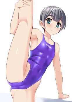 1girl absurdres blue_eyes cameltoe clothes_writing commentary_request competition_swimsuit covered_navel flat_chest grey_hair highleg highleg_one-piece_swimsuit highres kneepits one-piece_swimsuit original purple_one-piece_swimsuit short_hair simple_background solo split standing standing_on_one_leg standing_split swimsuit takafumi variant_set white_background