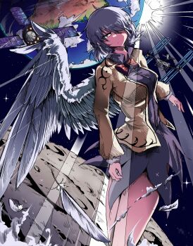 1girl absurdres bow bowtie brown_jacket commentary_request crater dress eye20806972 feathered_wings feathers grey_dress grey_hair hair_over_one_eye highres jacket kishin_sagume looking_at_viewer moon partial_commentary planet red_bow red_bowtie satellite solo space sun sunlight touhou white_feathers white_wings wings