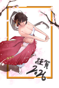 1girl 2026 absurdres alternate_costume azur_lane bow breasts chest_sarashi cleavage commentary english_commentary extra_ears from_above hair_bow hair_ears hair_flaps hair_ornament hakama highres inset_border interlocked_fingers japanese_clothes large_breasts long_hair new_year no_shirt ponytail red_hakama ribbon sarashi solo standing stretching takao_(azur_lane) weebchair white_background white_bow white_ribbon