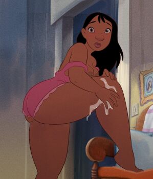 1girl ass black_hair breasts curvy dark-skinned_female dark_nipples dark_skin datguyphil highres huge_ass indoors large_breasts legs lilo_&amp;_stitch long_hair looking_at_viewer nani_pelekai nipple_slip nipples official_style one-piece_swimsuit pink_one-piece_swimsuit solo swimsuit