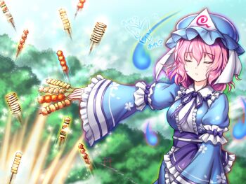 Rule 34 | 1girl, blue hat, blue kimono, bug, butterfly, cherry blossom print, closed eyes, closed mouth, commentary request, floral print, food, frilled kimono, frills, hat, insect, japanese clothes, kimono, long sleeves, mob cap, outdoors, pink hair, s1a1nokoka, saigyouji yuyuko, short hair, solo, template, touhou, translation request, triangular headpiece, yakitori