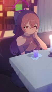 Rule 34 | 1girl, absurdres, bare shoulders, blue archive, bow, candle, candlelight, closed mouth, commentary, cup, dress, drink, elbow on table, hair between eyes, hair bow, halo, haruka (blue archive), haruka (dress) (blue archive), head rest, highres, long hair, looking at viewer, official alternate costume, purple bow, purple dress, purple eyes, purple hair, purple halo, sitting, small sweatdrop, solo, strapless, strapless dress, table, yydata1