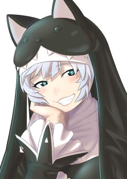 Rule 34 | 1girl, black dress, blue eyes, digimon, digimon (creature), dress, grey hair, hand on own face, highres, looking at viewer, nun, simple background, sistermon noir, smirk, solo, taira (tairamon), upper body, white background