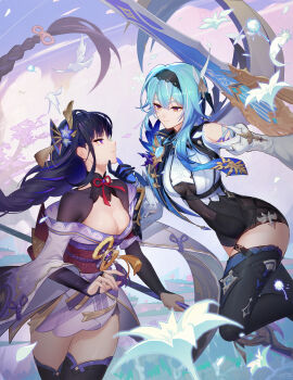 2girls absurdres armor bird black_gloves black_hairband black_leotard black_thighhighs blue_cape blue_hair blue_necktie blush braid breasts cape cleavage eula_(genshin_impact) expressionless eyelashes flower genshin_impact gloves greatsword hair_flower hair_ornament hairband highres holding holding_polearm holding_sword holding_weapon japanese_clothes jewelry kimono large_breasts leotard long_sleeves looking_at_another low-braided_long_hair low-tied_long_hair medium_hair mitsudomoe_(shape) mole mole_under_eye multiple_girls necktie pendant polearm purple_eyes purple_hair purple_kimono raiden_shogun shoulder_armor sidelocks smile solo spear sword thick_thighs thighhighs thighs tomoe_(symbol) two-tone_gloves vision_(genshin_impact) weapon wide_sleeves wtk yellow_eyes