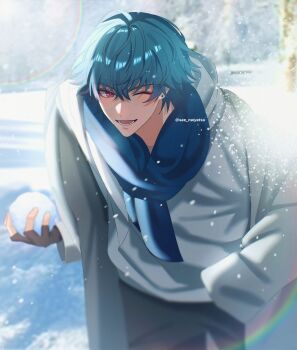 1boy alternate_costume blue_hair blue_scarf brant_(wuthering_waves) commentary earrings english_commentary fingerless_gloves gloves hair_between_eyes hand_in_pocket highres holding holding_snowball hood hoodie jacket jewelry lower_teeth_only male_focus multicolored_hair one_eye_closed open_mouth outdoors pink_eyes rainbow sae_naiyatsu scarf short_hair smile snow snowball streaked_hair teeth winter wuthering_waves