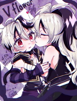 2018 2girls absurdres bandaged_arm bandages belt_collar black_collar black_hair black_nails black_vest character_name closed_eyes collar collarbone commentary dated dual_persona elbow_gloves fingernails flower_(vocaloid) flower_(vocaloid3) flower_(vocaloid4) gloves grey_hair hair_between_eyes heart highres long_hair mekziro multicolored_hair multiple_girls nail_polish open_clothes open_mouth open_vest purple_gloves red_eyes selfcest short_hair striped_clothes striped_gloves two-tone_hair vest vocaloid yuri