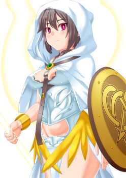 1girl armor armored_dress black_hair blush breastplate breasts brooch capelet cleavage dress energy_wings fate/grand_order fate_(series) guriguri_(arayotto4351) head_wings highres hood hooded_capelet jewelry looking_at_viewer medium_breasts ortlinde_(fate) pelvic_curtain polearm red_eyes shield short_hair solo spear thighs valkyrie_(fate) weapon white_capelet white_dress wings