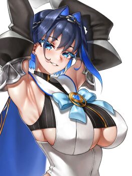1girl armpits arms_up black_shirt black_sleeves blue_bow blue_bowtie blue_eyes blue_hair bow bowtie breasts brooch chain chain_headband cleavage commentary cropped_shirt detached_sleeves english_commentary fanged_bangs grin hair_flaps hair_intakes heart heart-shaped_gem heart_brooch highres hololive hololive_english jewelry juliet_sleeves large_breasts long_sleeves looking_at_viewer ouro_kronii ouro_kronii_(1st_costume) pinstripe_pattern pinstripe_shirt puffy_sleeves sailor_collar shirt short_hair simple_background skylock sleeveless sleeveless_shirt smile solo underboob upper_body vest virtual_youtuber white_background white_sailor_collar white_vest