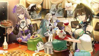 4girls alcohol alternate_costume balloon black_hair cake cake_cat_(honkai:_star_rail) commentary english_commentary firefly_(honkai:_star_rail) food grey_hair herta_(honkai:_star_rail) highres honkai:_star_rail honkai_(series) hutaverse multiple_girls new_year pie pizza ruan_mei_(honkai:_star_rail) silver_wolf_(honkai:_star_rail) space the_herta_(honkai:_star_rail) turkey_(food) white_hair wine