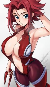 1girl absurdres arm_behind_head artist_name blue_eyes bodysuit breasts cleavage code_geass dated female_focus highres kouzuki_kallen large_breasts medium_hair navel parted_bangs parted_lips red_hair short_hair simple_background sweat white_background yoo_tenchi
