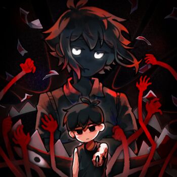 Rule 34 | 2boys, absurdres, antenna hair, arm at side, bare arms, bare shoulders, black background, black eyes, black hair, black shirt, black skin, black sweater vest, clenched teeth, closed mouth, collared shirt, colored skin, commentary, crossed arms, double-parted bangs, empty eyes, english commentary, frown, glowing, glowing eyes, hair behind ear, hair between eyes, highres, holding, holding knife, knife, looking at another, male focus, multiple boys, no nose, no pupils, omori, omori (omori), photo (object), shirt, short hair, short sleeves, sidelocks, simple background, sleeveless, sleeveless shirt, something (omori), spoilers, stranger (omori), sweater vest, teeth, thatbirdcanfly, upper body, upturned eyes, very short hair, vignetting, white eyes, white skin, wind