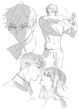 1boy 1girl abs choker commentary_request dagger dressing glasses greyscale hairband hetero highres hip_bones holding holding_dagger holding_knife holding_weapon husband_and_wife imminent_kiss knife korean_commentary monochrome navel necktie pants siro666b spy_x_family stiletto_(weapon) sweater sweatpants twilight_(spy_x_family) weapon yor_briar