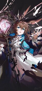 Rule 34 | 1girl, amiya (arknights), amiya (medic) (arknights), animal ears, arknights, ascot, black ascot, black background, black pantyhose, brown hair, commentary, cowboy shot, crown, dress, gradient background, green eyes, hand up, holding, holding staff, jewelry, kyo zip, layered ascot, long hair, looking to the side, multiple rings, open mouth, pantyhose, rabbit ears, ring, sidelocks, solo, staff, torn clothes, torn dress, twitter username, white ascot