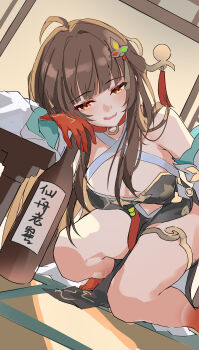 Rule 34 | 1girl, absurdres, ahoge, bare shoulders, bottle, breasts, brown hair, colored extremities, commentary request, criss-cross halter, detached sleeves, dutch angle, evzeva, hair ornament, halterneck, highres, holding, holding bottle, honkai: star rail, honkai (series), lingsha (honkai: star rail), long hair, medium breasts, open mouth, orange eyes, smile, solo